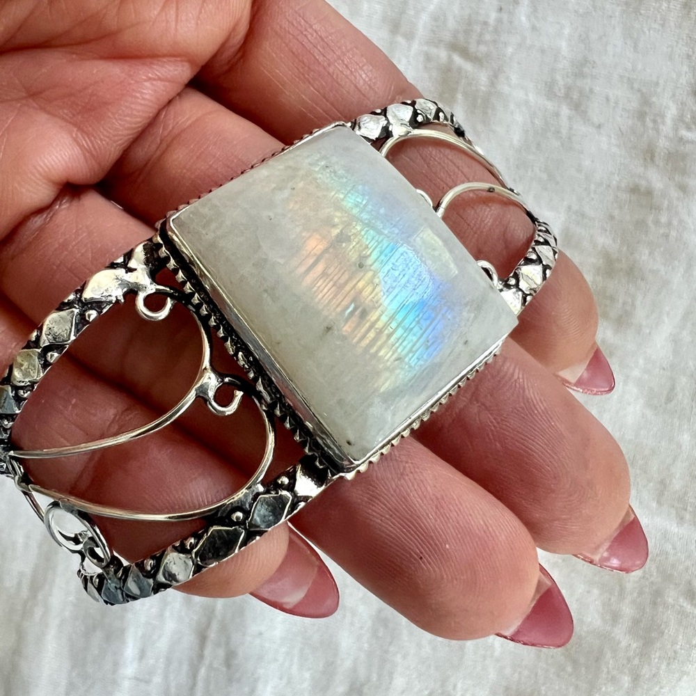 925 Fem Vibe Rainbow FLASH Moonstone Cuff Bracelet